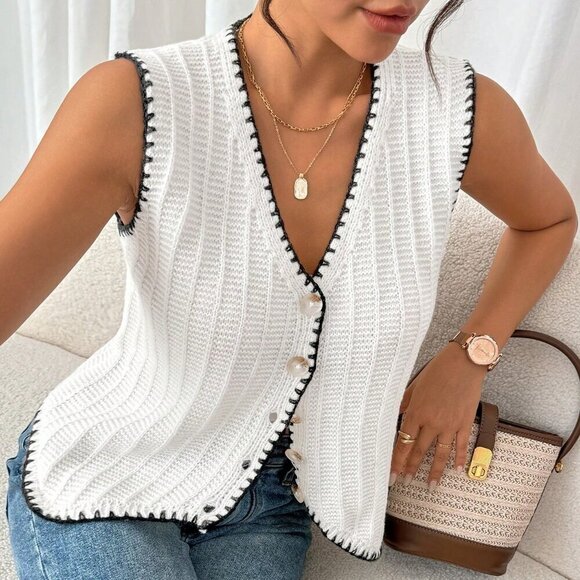Beige Casual Women's Color Block Edging Vest Style Sweater - Picture 1 of 6